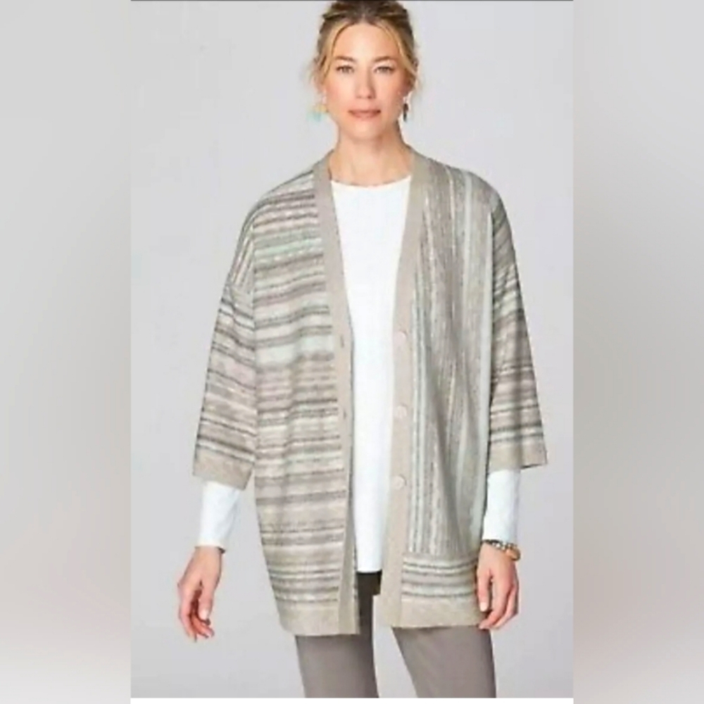 J. Jill Cozy Pure Jill Mixed-Stripes Relaxed Lagenlook‎ Button Cardigan, Size PS